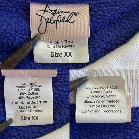 Vintage 90’s Adiran Delafield Womens Blue Sweatshirt with Embroidered Cats Sz 2X - Picture 4 of 7